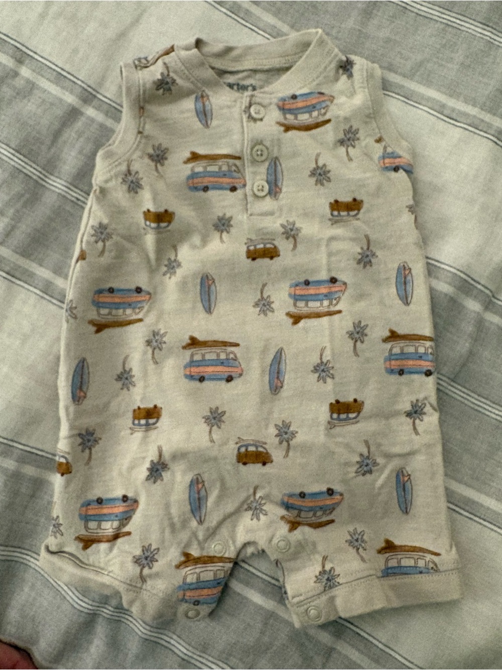 Carter’s 9M Sleeveless Short Romper in Tan with Surf Van Print